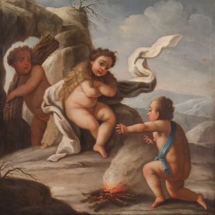 Grande dipinto del XVIII secolo, allegoria dell'inverno 