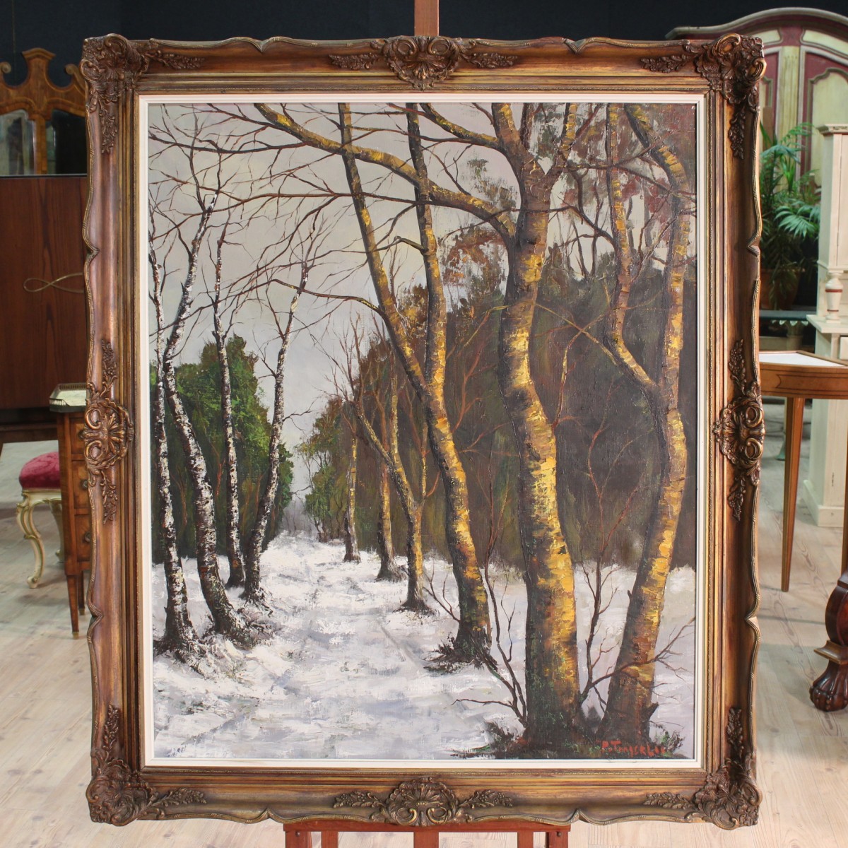 Dipinto olio su tela firmato raffigurante paesaggio boschivo innevato del Nord Europa del XX secolo