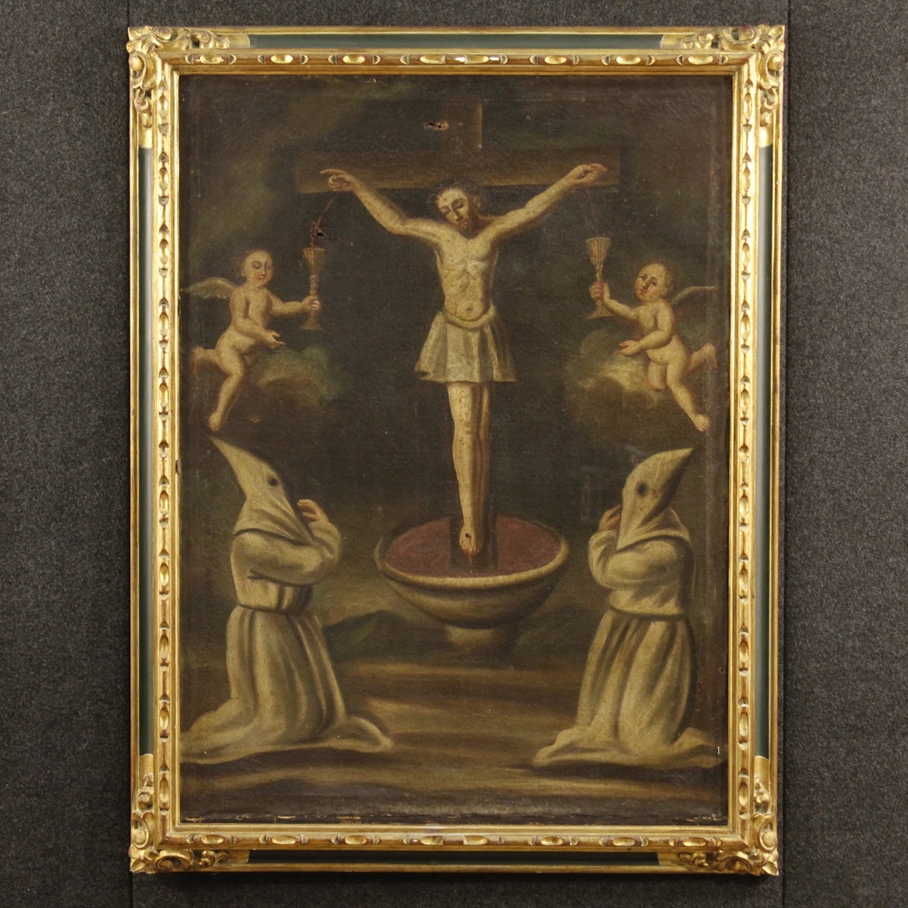 Antico dipinto spagnolo Crocifissione del XVIII secolo