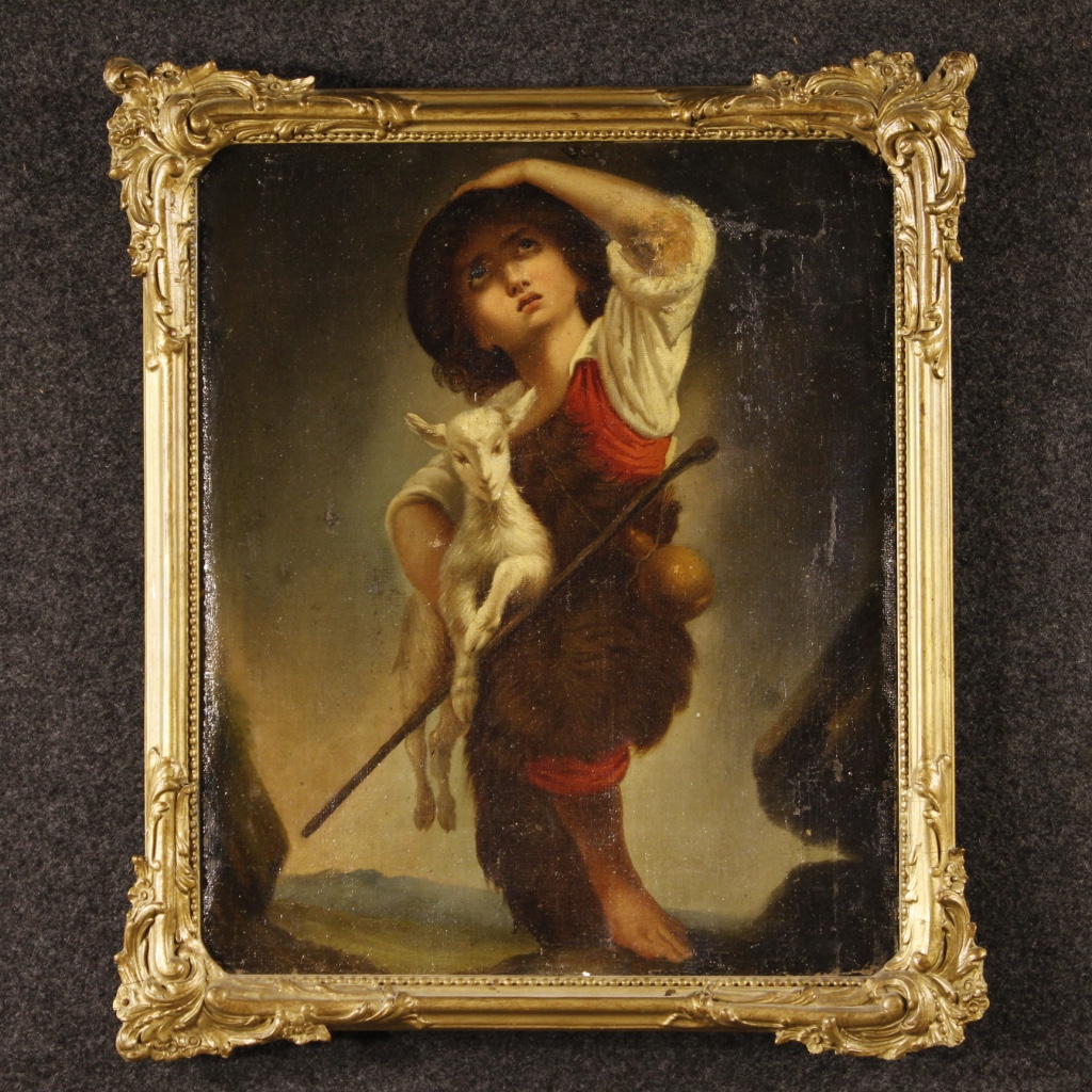 Antico dipinto francese Pastorello con capra del XIX secolo