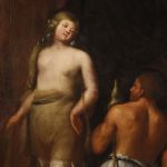 Antico dipinto italiano mitologico Ercole e Onfale del XVII secolo