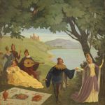 Italian landscape painting with characters from 20th century