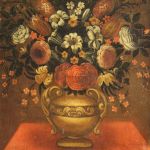 Antico dipinto natura morta vaso con fiori del XVII secolo