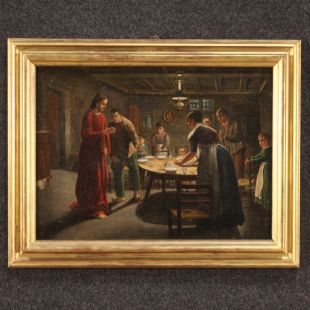 Quadro olandese del XIX secolo, la benedizione prima della cena