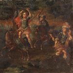 Antico dipinto del XVII secolo, soldati a cavallo