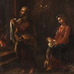 Flämische Gemälde Heilige Familie auf Holz aus dem 17. Jahrhundert