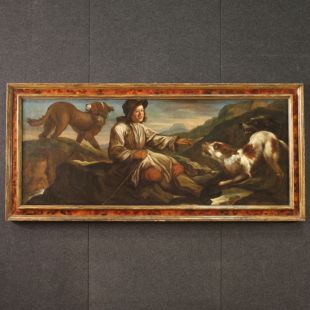 Grande dipinto lombardo del XVII secolo, il pastore con i suoi cani