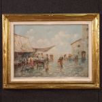 Dipinto firmato anni 60', veduta di mercato in riva al mare 