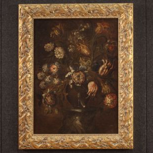 Antica natura morta del XVII secolo, vaso di fiori