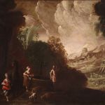 Dipinto paesaggio con figure del XVII secolo