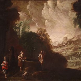 Dipinto paesaggio con figure del XVII secolo