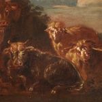 Dipinto italiano del XVII secolo, paesaggio con capre e mucche al pascolo