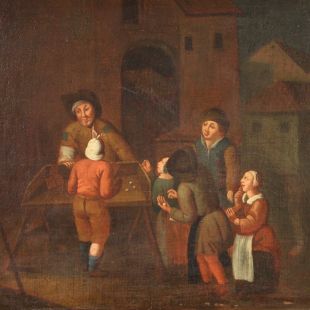 Antico dipinto fiammingo del XVII secolo, il gioco di dadi