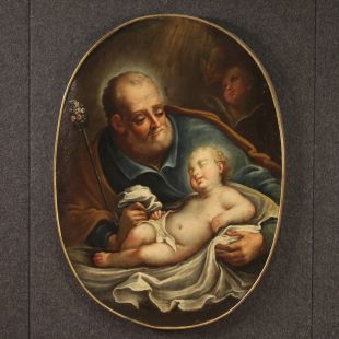 Antico dipinto ovale del XVIII secolo, San Giuseppe col bambino