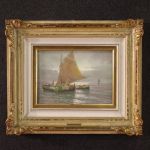 Seascape painting signed Remo Testa, fishermen at dawn