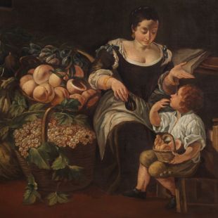 Grande dipinto italiano del XVIII secolo, scena di genere con natura morta