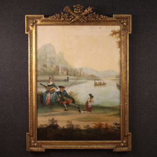 Grande paesaggio del XVIII secolo, scena galante sul lago