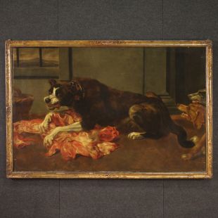 Grande quadro fiammingo del XVII secolo, natura morta con cani