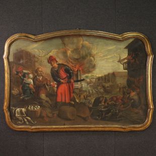 Grande dipinto italiano del XVII secolo, il saccheggio della città