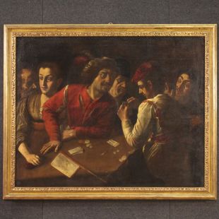 Grand tableau italien du 17ème siècle, joueurs de cartes