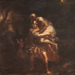 Peinture mythologique du 17ème siècle, Enée, Anchise et Ascagne fuyant Troie