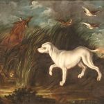 Antico dipinto francese del XVIII secolo paesaggio con cani