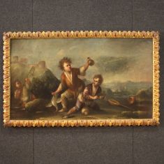 Antico quadro olio su tela con cornice scena popolare con figure 700