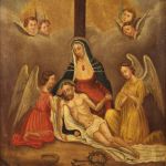 Dipinto francese religioso Cristo deposto con Madonna e angeli