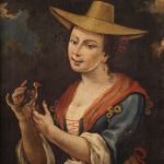 Antico dipinto italiano ritratto di fanciulla con cardellino del XVIII secolo