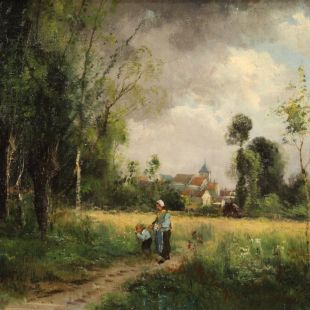 Dipinto francese paesaggio di campagna con personaggi del XIX secolo