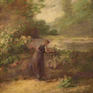 Dipinto francese firmato paesaggio romantico datato 1889