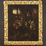 Antico dipinto fiammingo scena d'interno del XVIII secolo