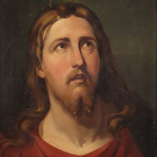 Antico dipinto italiano religioso volto di Cristo del XIX secolo