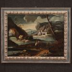 Tableau italien ancien paysage avec personnages du 18ème siècle
