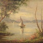 Dipinto francese firmato veduta di lago con barche