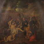 Antico dipinto francese Accampamento dopo la battaglia del XVIII secolo
