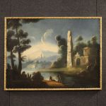 Dipinto italiano paesaggio fluviale con rovine e pescatori del XVIII secolo