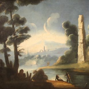 Dipinto paesaggio fluviale con rovine e pescatori del XVIII secolo