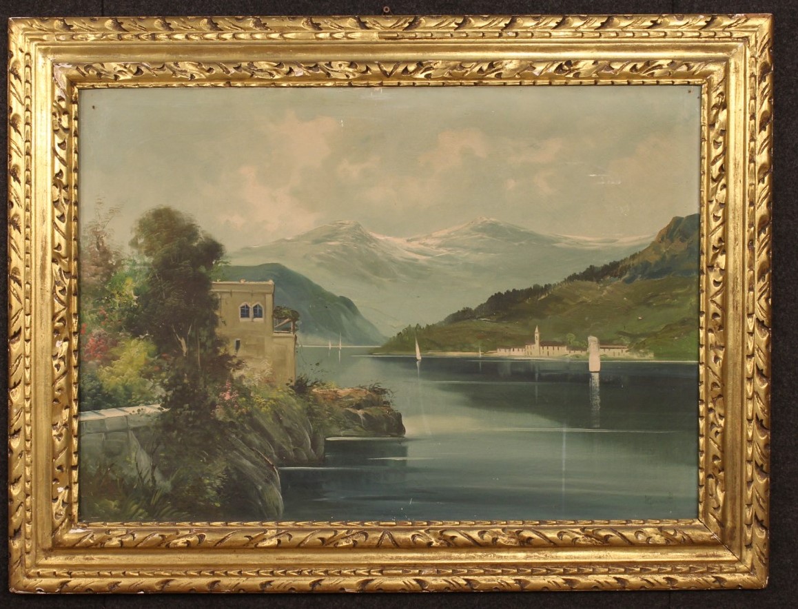 Grande dipinto italiano raffigurante paesaggio sul lago di Como