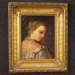 Tableau huile sur toile portrait d'une jeune noble du 19ème siècle