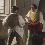 Italian painting interior scene with characters from 20th century