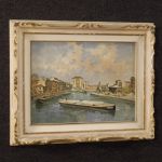 Dipinto italiano paesaggio veduta di fiume con barche