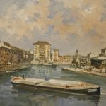 Tableau italien signé paysage Vue de la rivière avec bateaux