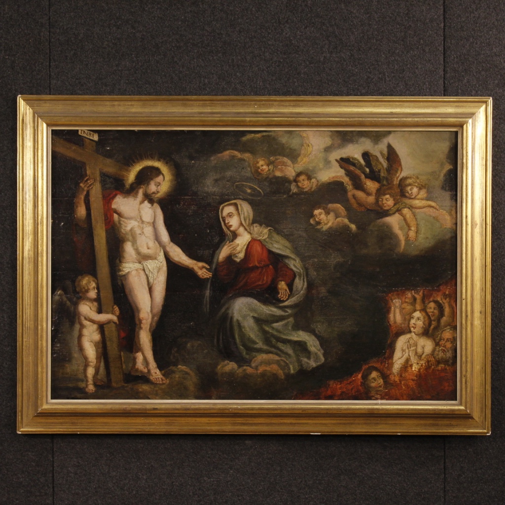 Antico dipinto religioso Cristo con Madonna e angeli del XVIII secolo