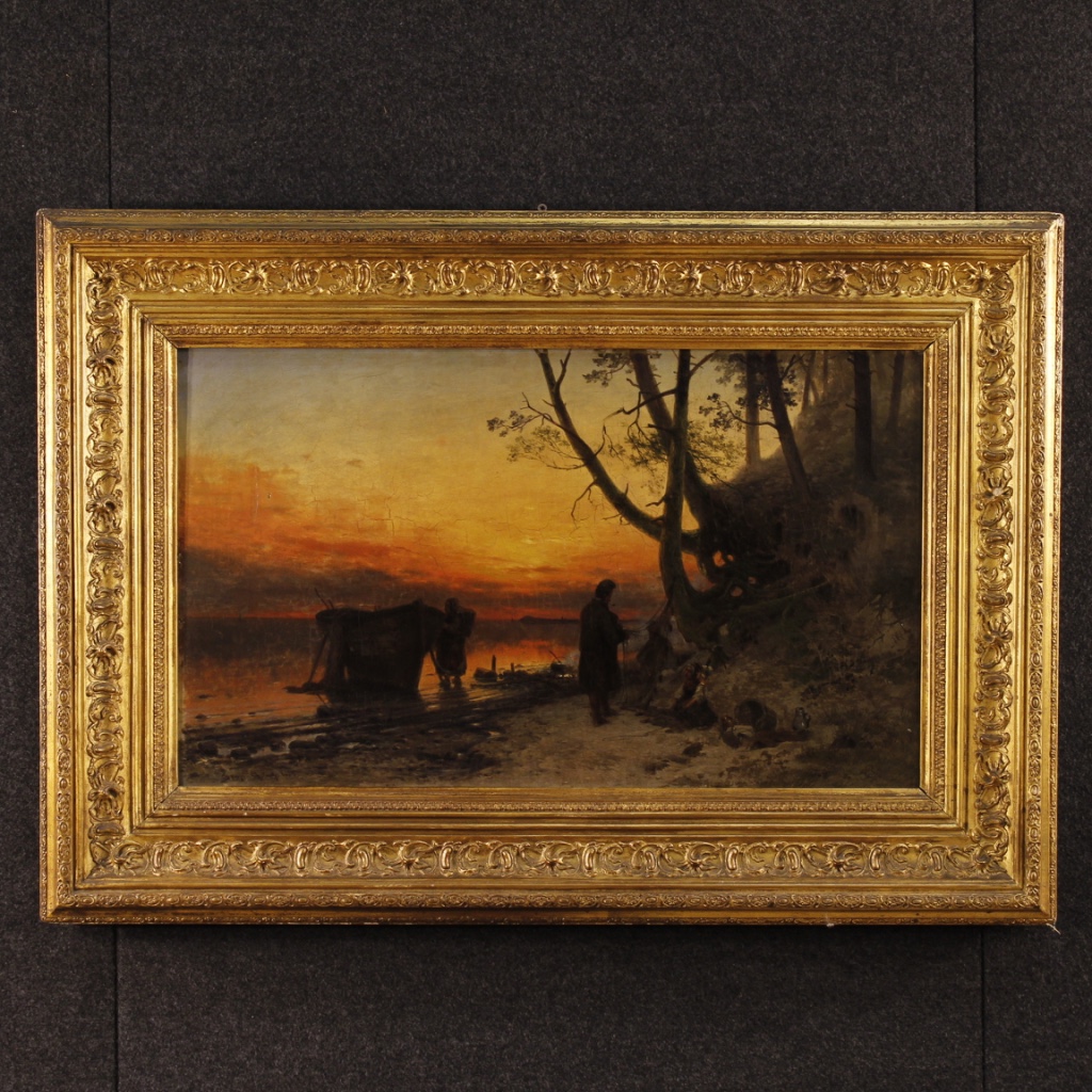 Antico dipinto fiammingo paesaggio del XIX secolo