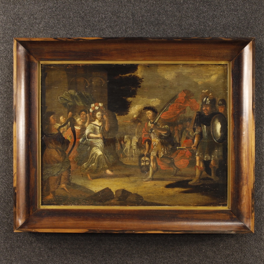 Antico dipinto fiammingo Trionfo di Davide del XVIII secolo