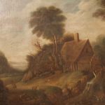Antico dipinto fiammingo paesaggio di campagna del XIX secolo