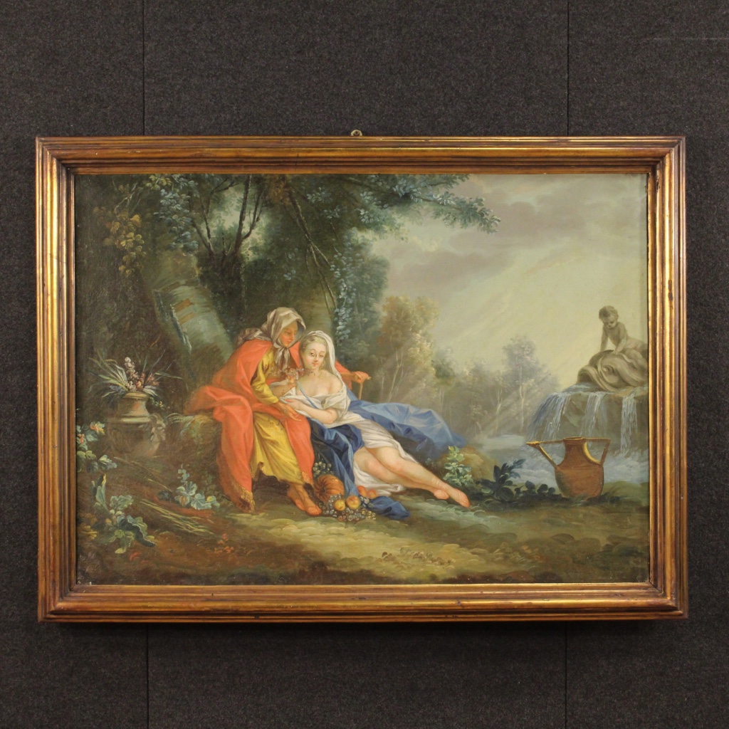Antico dipinto francese paesaggio con personaggi del XVIII secolo