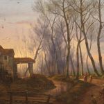 Antico dipinto francese paesaggio di campagna del XIX secolo
