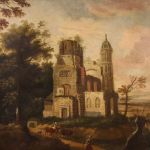 Antico dipinto francese olio su tela paesaggio del XVIII secolo